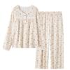Pure cotton crepe yarn new pajamas women's pastoral floral sweet pajamas loose long-sleeved loungewear