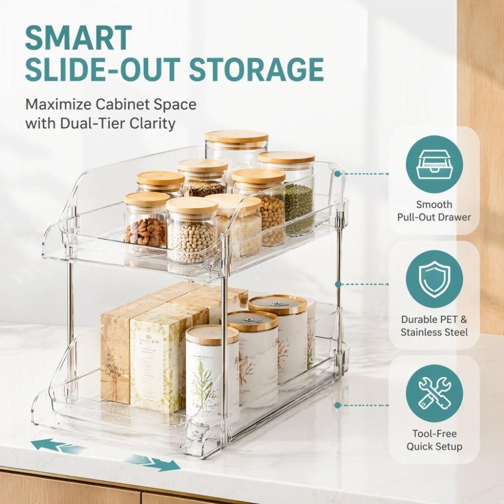 Transparent Under Sink Organizer 2 Tier CD Holder Stand Pull Out Storage Shelf Under Sink Area