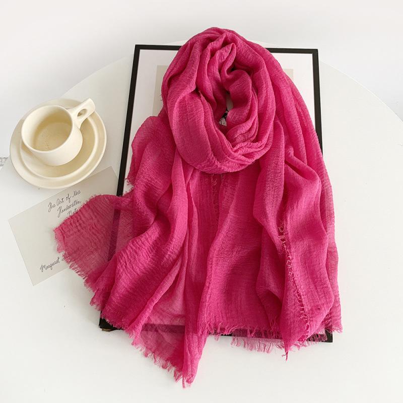 Women's Cotton Linen Gauze Scarf - Solid Color, Summer Sun Protection, Breathable, Retro Fringed Shawl