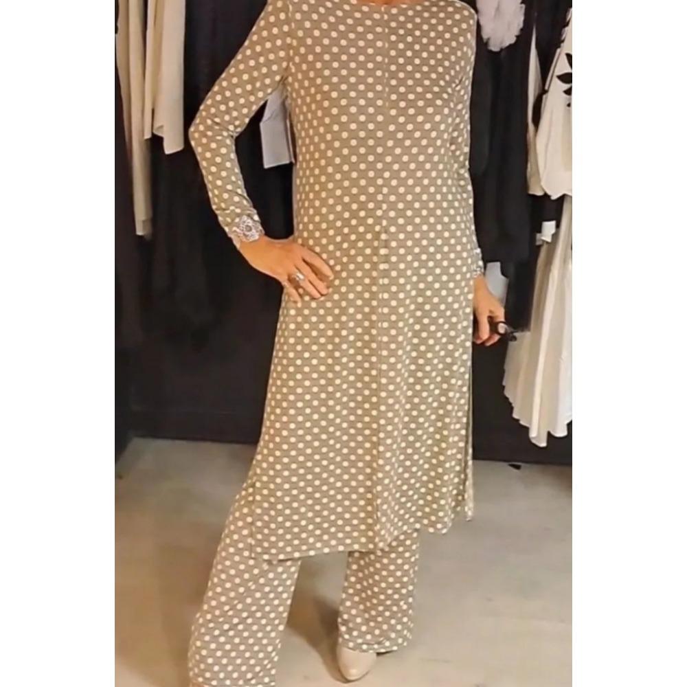 New Trendy Round-neck Long-sleeved Split Polka Dot Long Pants Casual Suit for Women