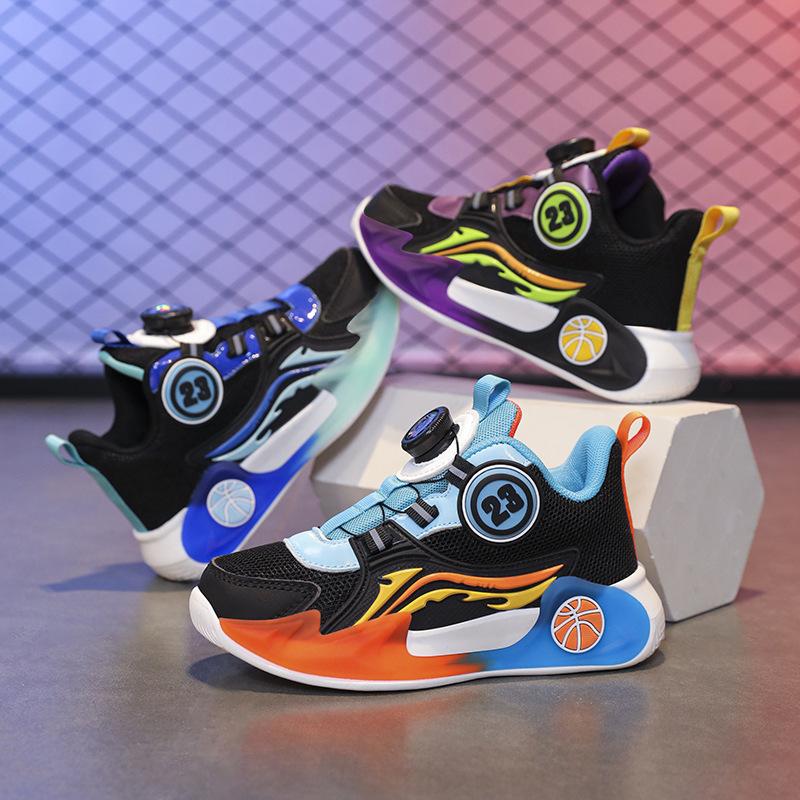 Children's basketball shoes Summer boys' mesh breathable rotating buckle sneakers Teen trendy shoes Boys' sneakers