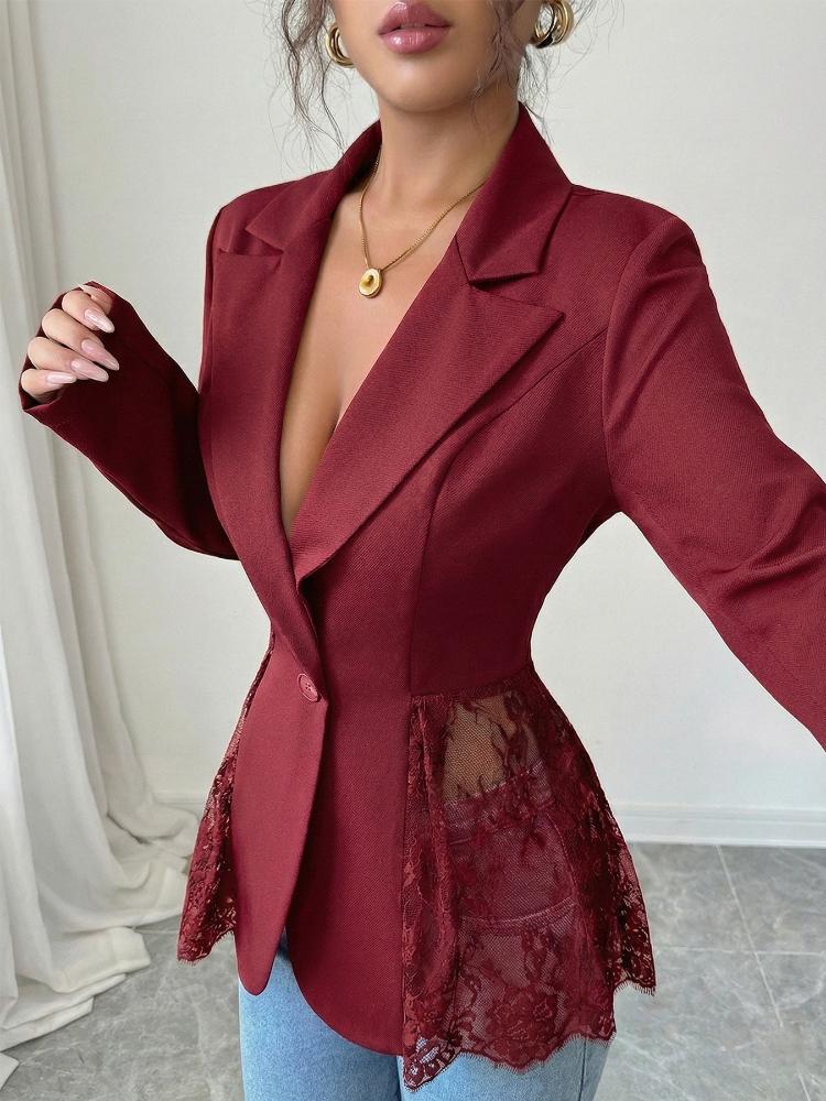 Women Elegant Hem Black Suit Coat Fashion V-neck Single Breasted Color Lace Patchwork Blazer Waist Slimming Women's Suit Jacket