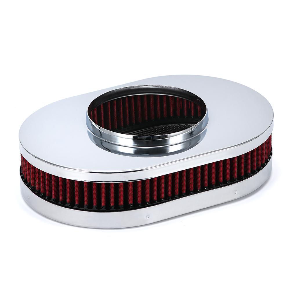 12"x2" Oval Air Cleaner Filter Assembly 5-1/8" Carb Neck W/ Flow-Thru Lid High Flow Chrome for GMC Chevy Ford Chryler Dodge