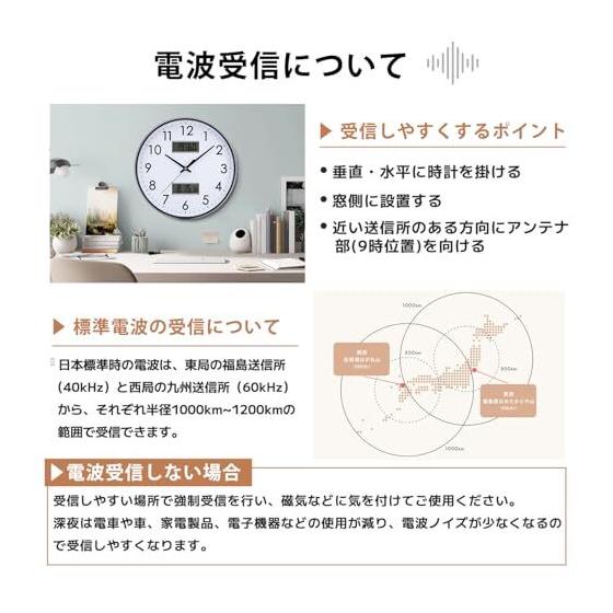 Used NewWall-mounted clock, radio-controlled clock, temperature, humidity, date, day of the week display, silent, continuous second hand, large