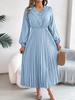 Dames Elegante Europese Stijl V-hals Kant Hoge Taille Lange Mouwen Geplooide Maxi Jurk