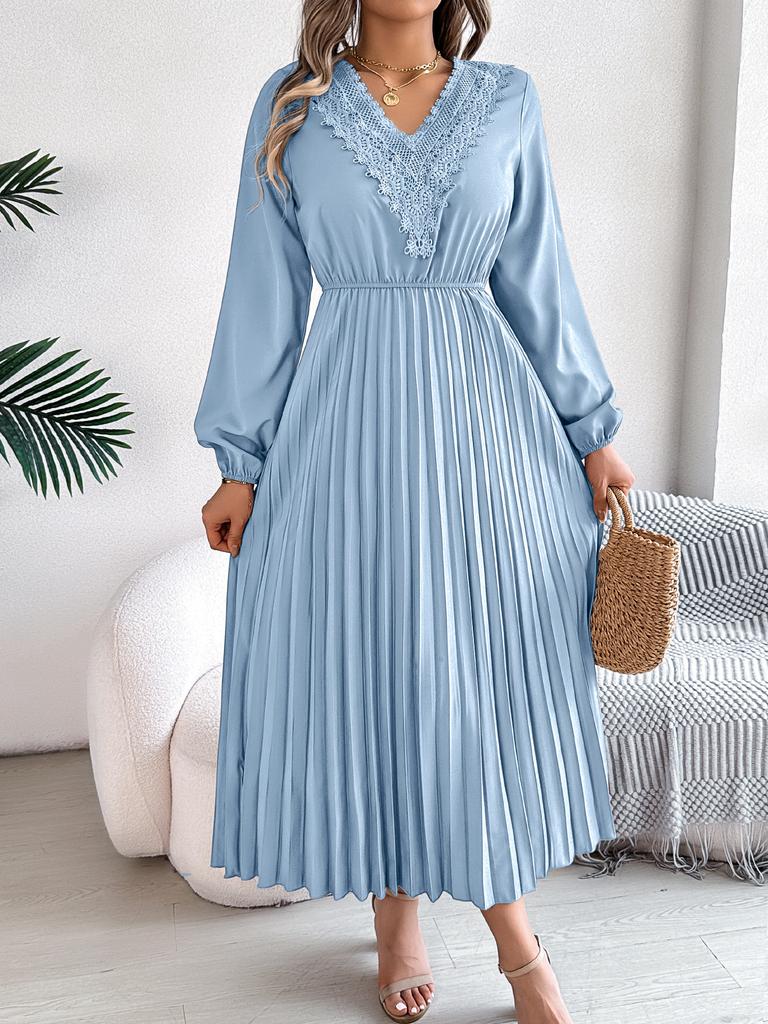 Dames Elegante Europese Stijl V-hals Kant Hoge Taille Lange Mouwen Geplooide Maxi Jurk
