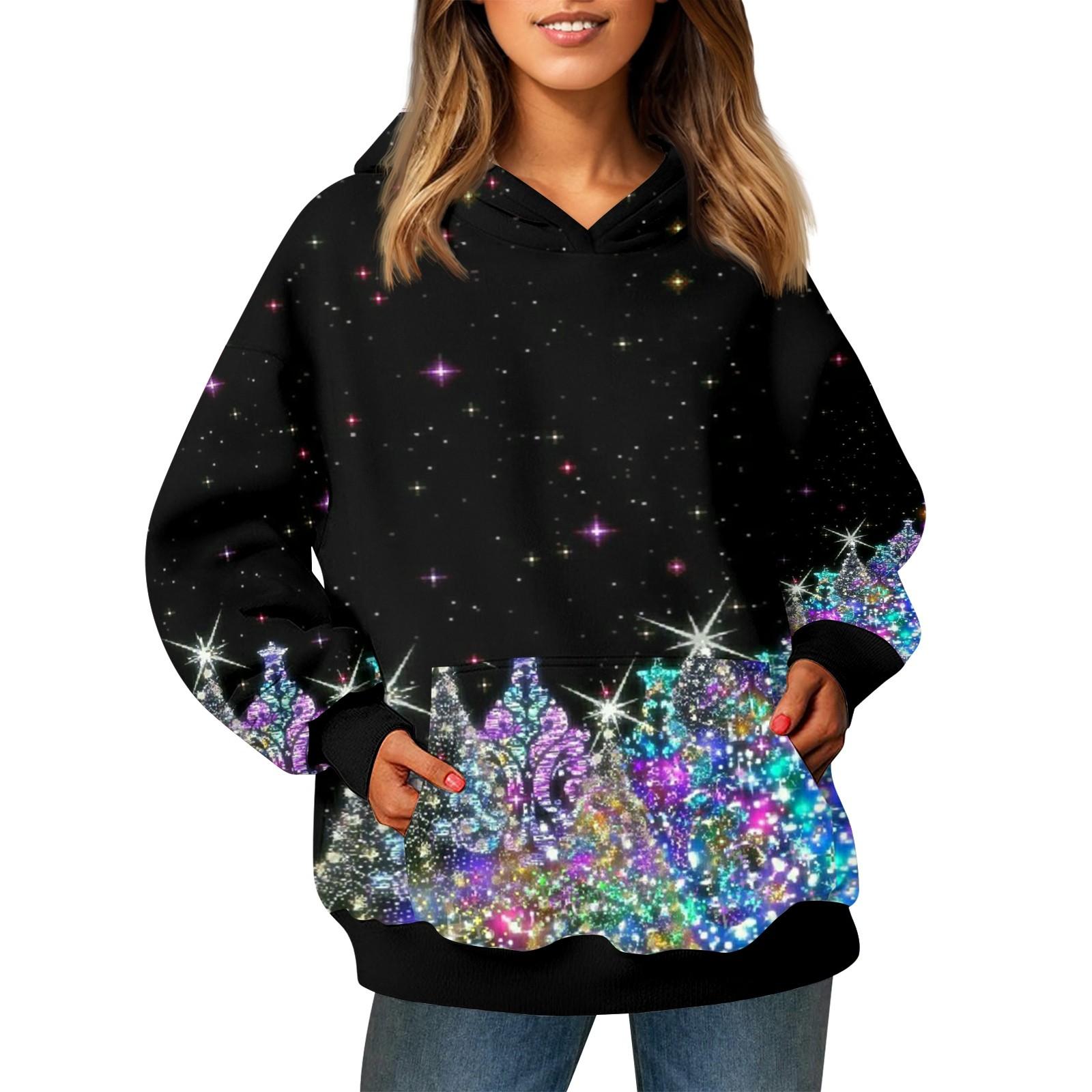 

Женский модный свитер с длинными рукавами и рождественским принтом, с капюшоном и карманом M чёрный