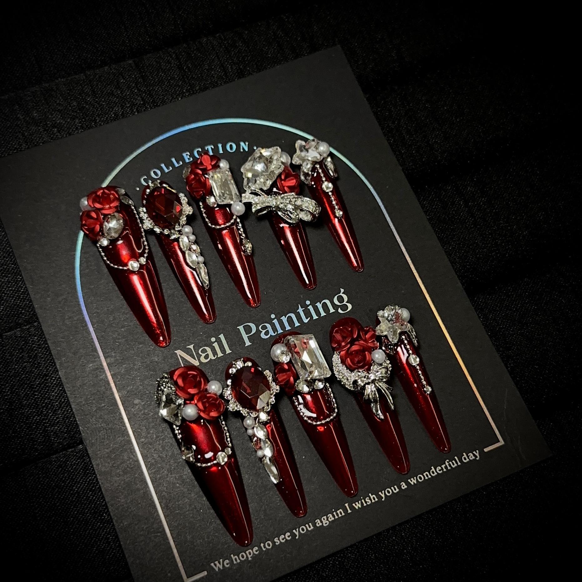 

Роскошные накладные ногти ручной работы, длинные, миндалевидной формы, с французским кончиком, блестящие, искусственные ногти, дизайн с 3D стразами, акриловые ногти, многоразовые наклейки для женщин XS