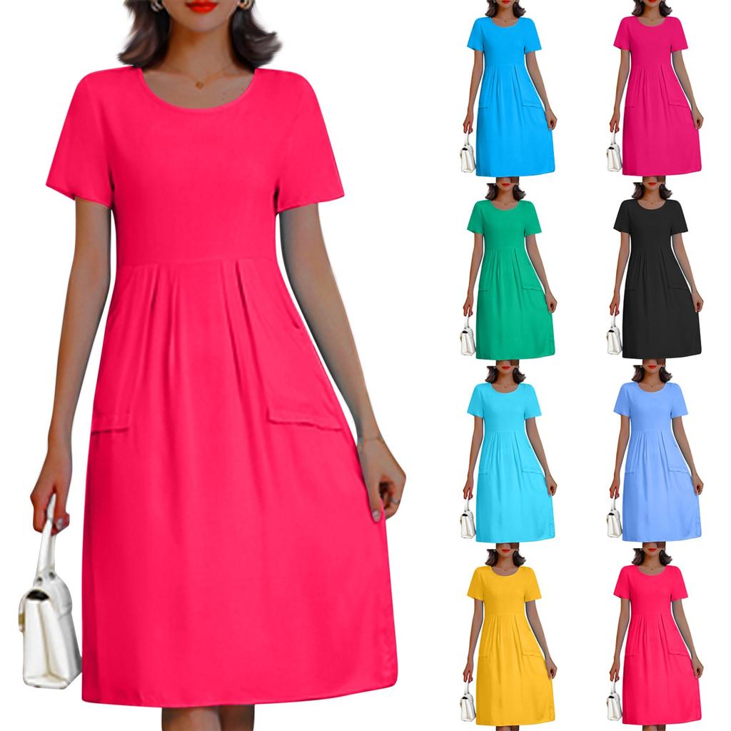 Women's Fashionable And Trendy Round Neck Loose Short Sleeved Solid Color Dress In Plus Size