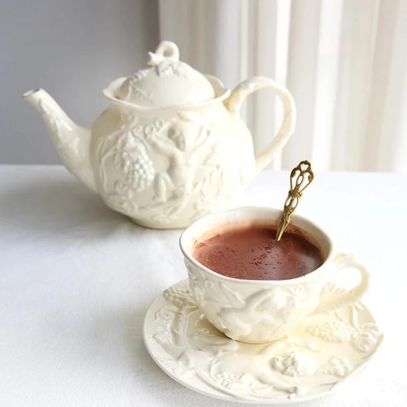 British Tea Cup Set Retro Embossed Coffee Cup Tableware Kettle Cup and Dish Home Supplies European Court Style Kitchen Ware Gift