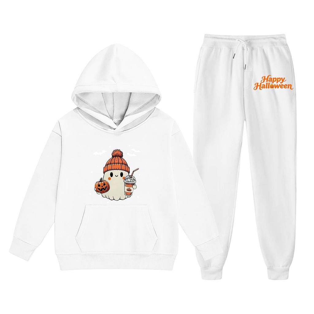 Kids Halloween Hoodie Set with Graphic Print Pullover Sweatshirt and Matching Pants Comfortable Casual Outfit for Boys and Girls
