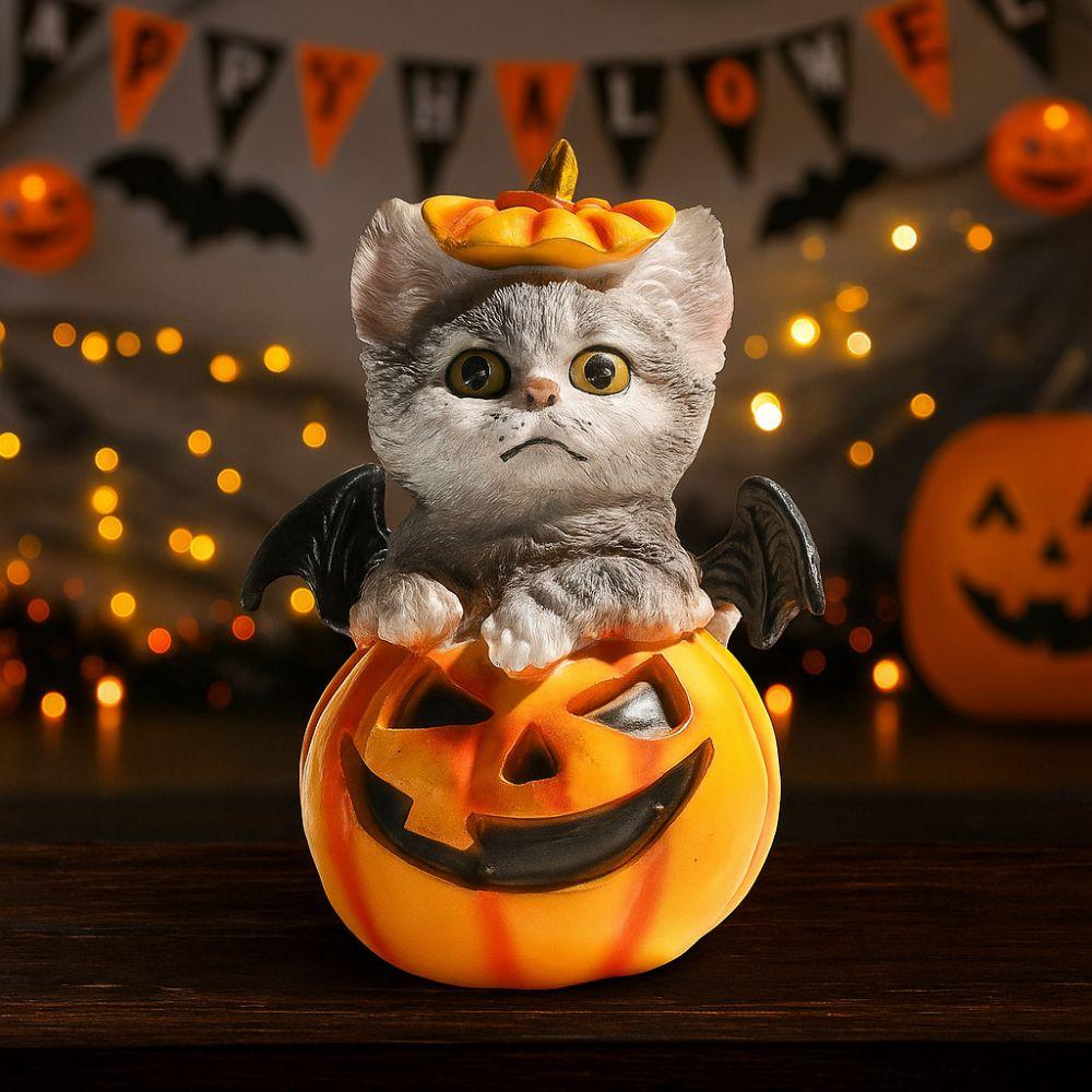 Cute Halloween Cat Pumpkin Statue Handmade Cat Desk Figurine Pumpkin Ornament  Halloween Party