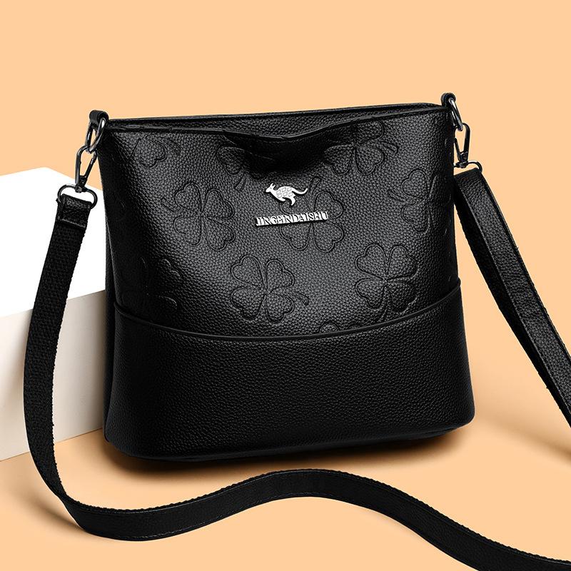 Women's Fashion Soft Leather Bucket Bag Large Capacity Shoulder Crossbody Bag For Middle-Aged Ladies