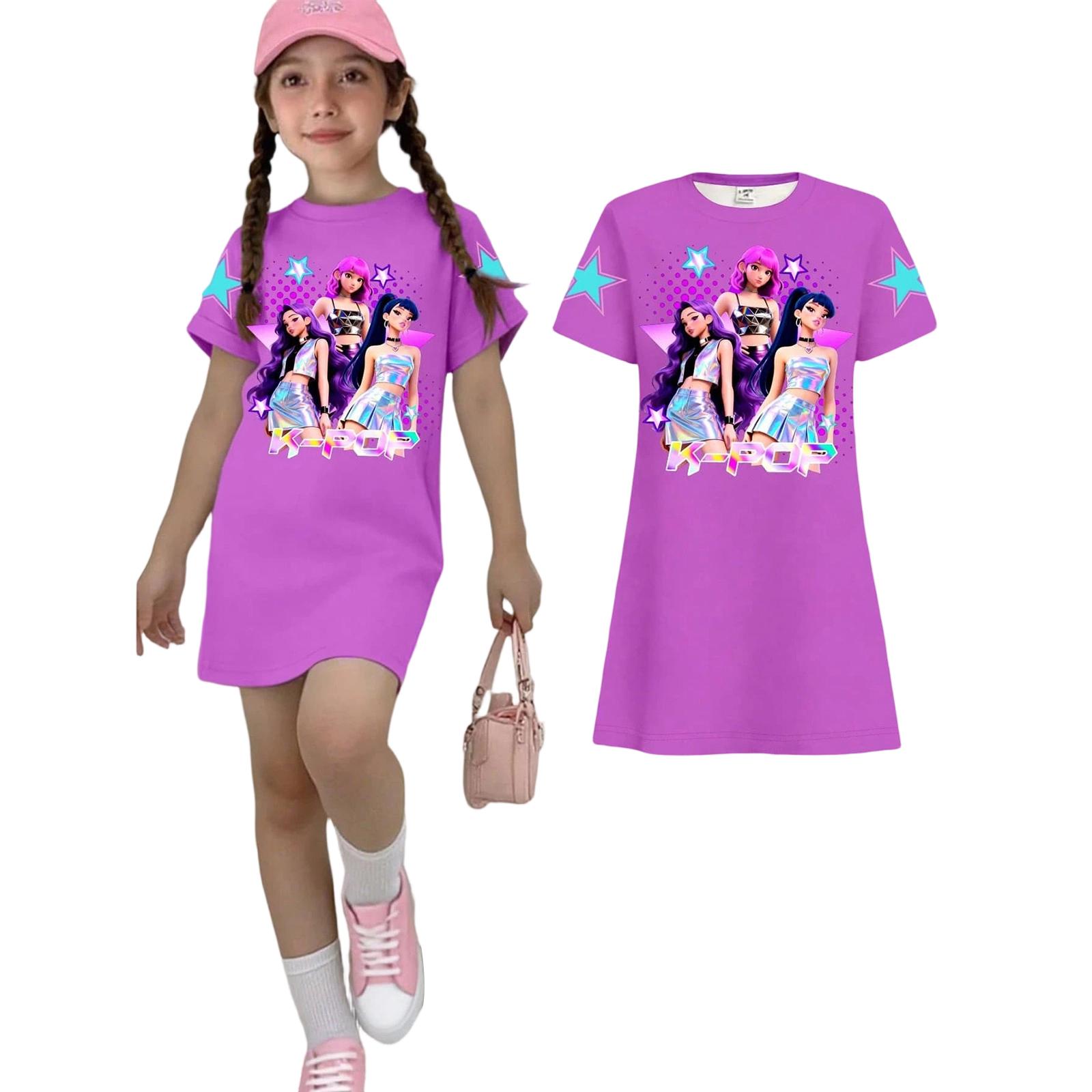 

Girls Loose Fit Short Sleeve Dress Lightweight Round Neck Casual Dress with Printed Design Suitable for Daily Wear and Outdoor Activities 140