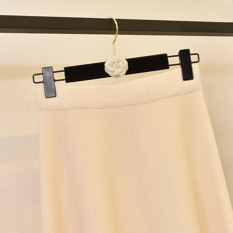 Saia guarda-chuva feminina de cintura alta para outono e inverno elástica nova saia de meio corpo de malha de comprimento médio espessada cor sólida pacote quadril saia evasê