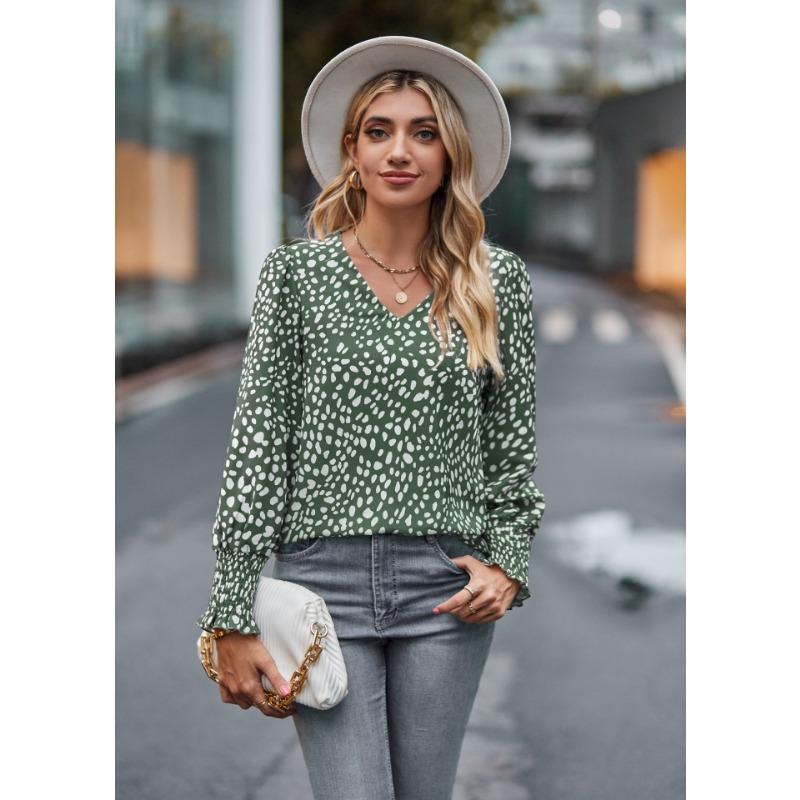 Herbst Damen Bluse, locker, bequem, gepunktet, lässig, bedruckt, V-Ausschnitt, Langarm-Shirt