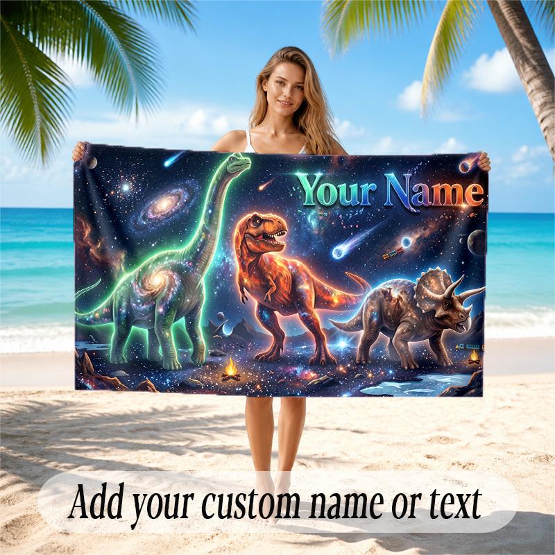 Dinosaur Theme Quick Dry Beach Towel Custom Name Text Print Large Sand Resistant Towel Beach Vacation