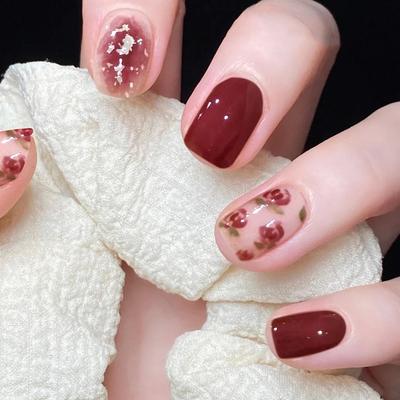 Elegant Dry Rose Fake Nails: Short, Removable, Skin-Whitening Nail Stickers for Autumn/Winter.