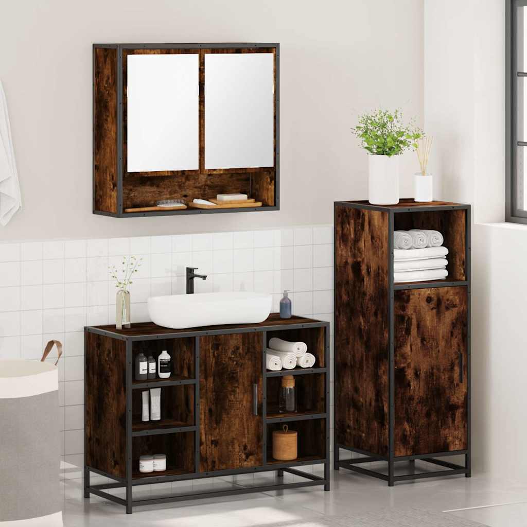 3 Piece Bathroom Furniture Set Smoked Oak Wood Based Panel