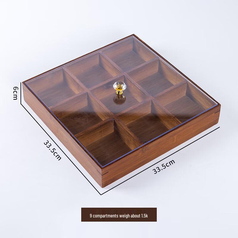 Bamboo Stove-Side Tea Ceremony Fruit & Snack Tray 9-Compartment Brown with Acrylic Lid