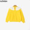 VONDA Oversized Women Long Sleeve Lace Splicing Casual Loose Knitted Sweaters