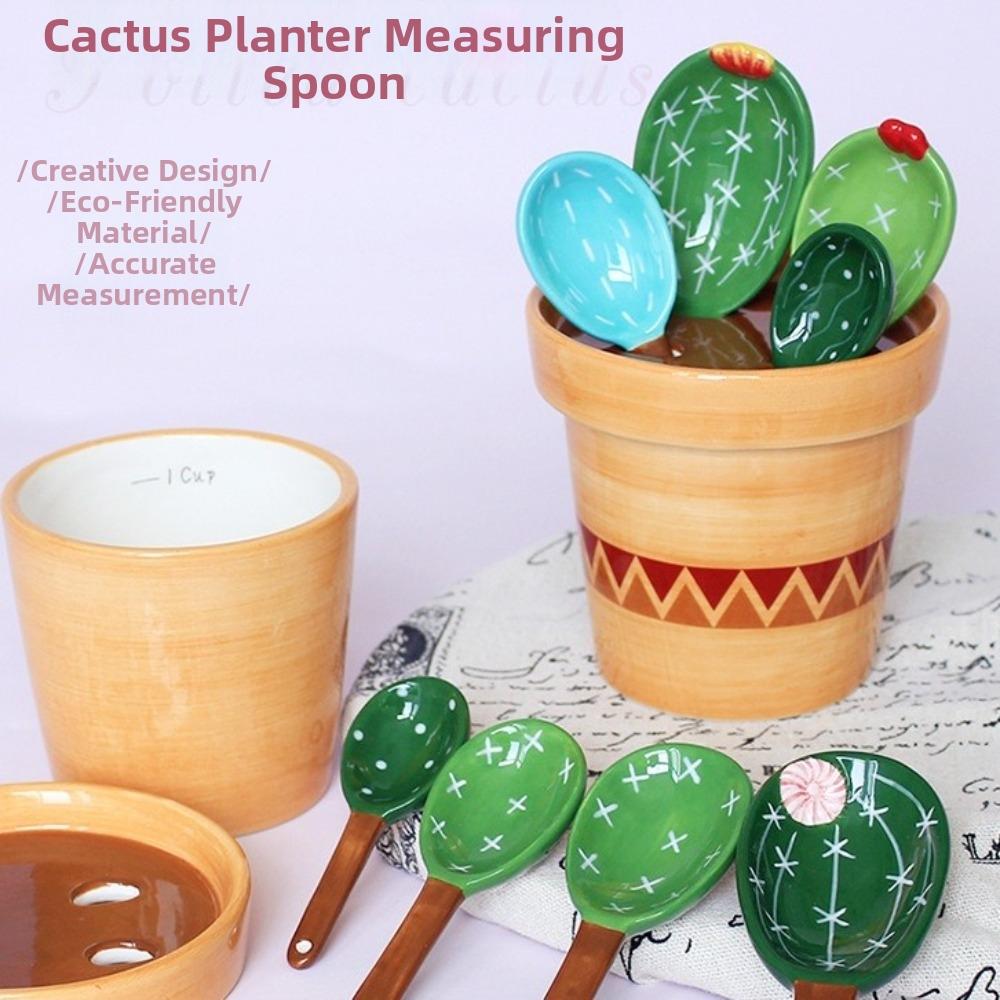 Ceramic Measuring Spoons Set with Base Baking Spoons Flower Pot Cactus Ornament Powder Scoop