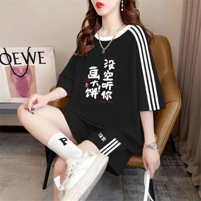

Women s Casual T-Shirt Set Letter Print Striped Short Sleeve Loose Summer O-Neck Sportswear Top 4XL чёрный