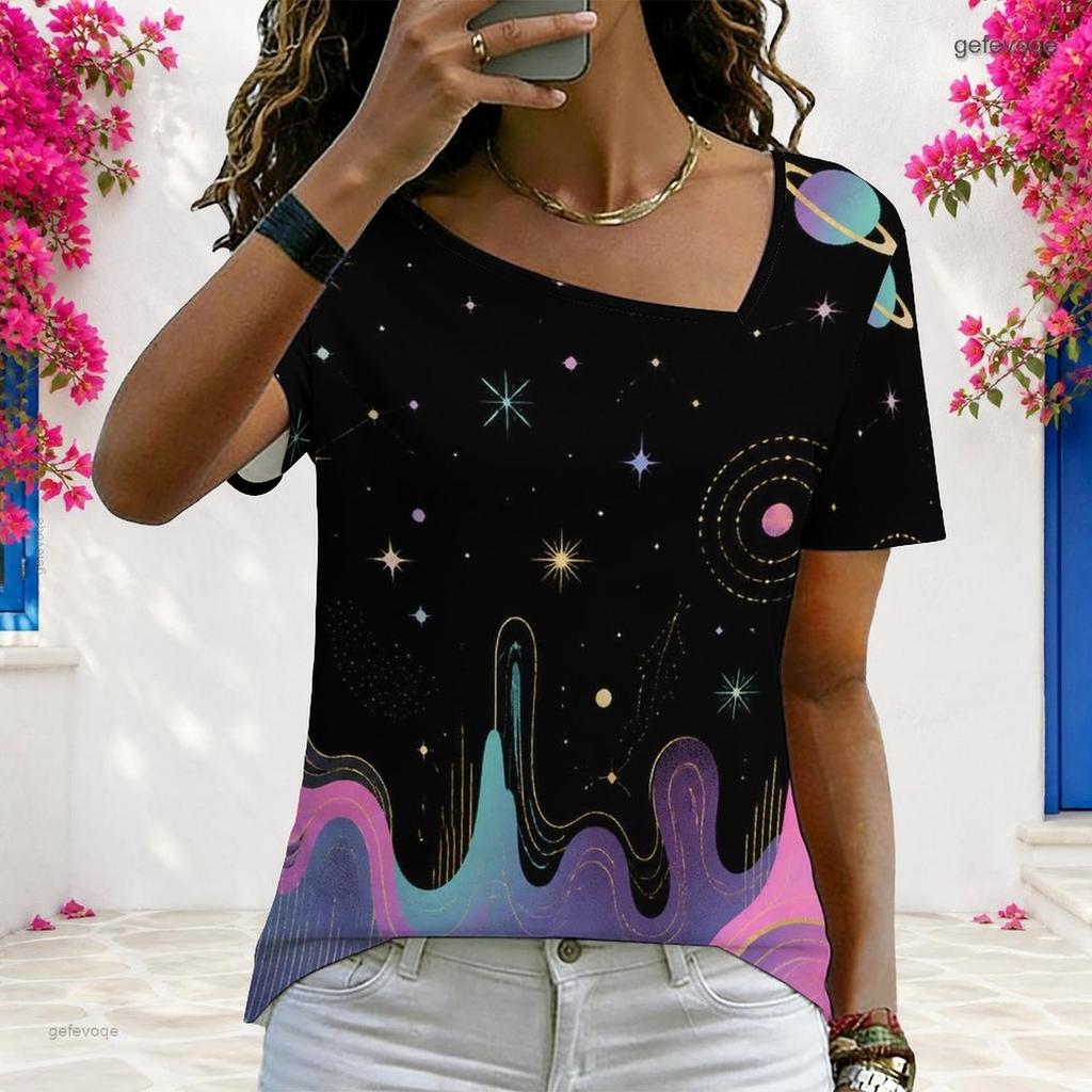 Women Plus Size Asymmetric Neck Short Sleeve Top Vintage American Flag Star Stripe Art Print