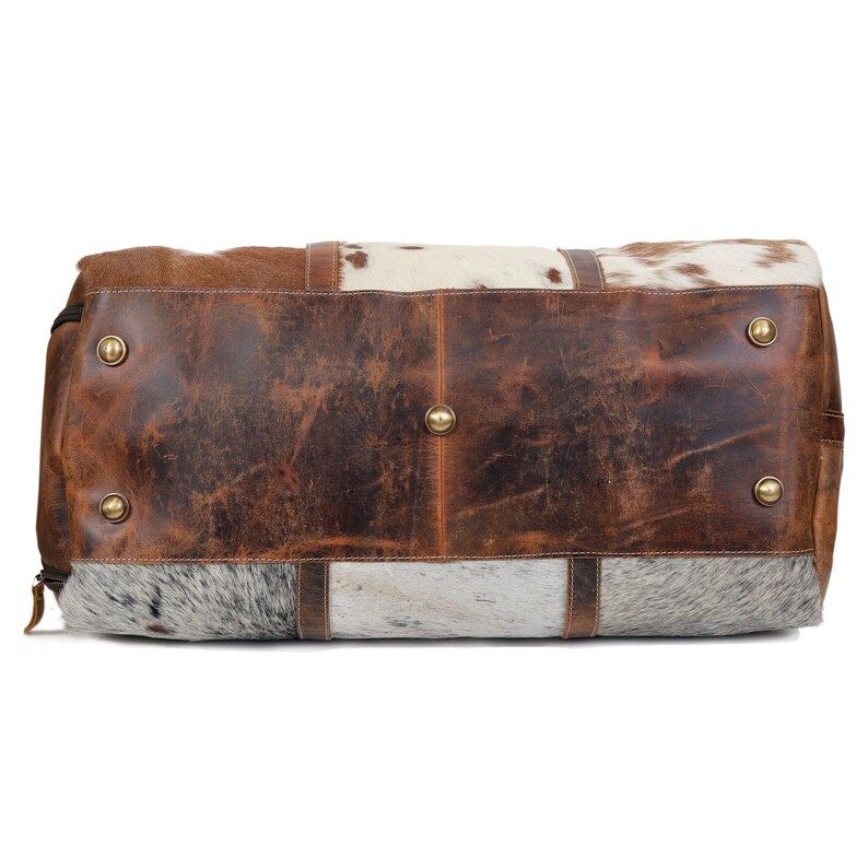 Real Cowhide Leather Duffel Bag Large Cowhide Travel Bag Cowhide Patchwork Bag Brown Leather Weekender Gym Bag Overnight Bag, Carry On Bag