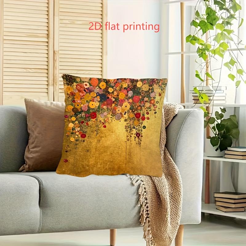 Gustav Klimt Style Floral Pillow Cover Golden Art Print Boho Vintage Cushion Case For Sofa Bed Couch Elegant Artistic Home Decor