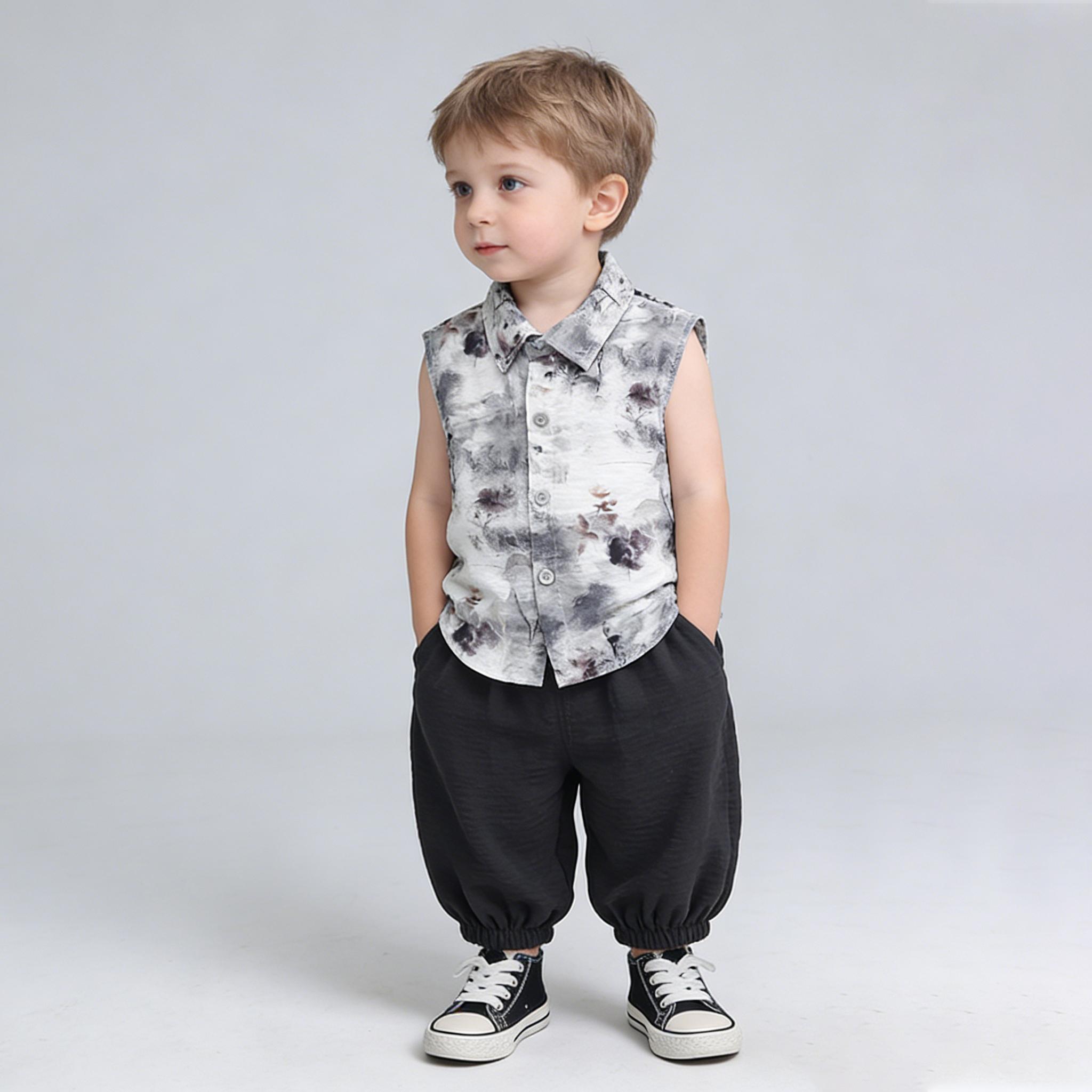 

Boys Sleeveless Set 0-5 Year Old Boys Full Print Shirt+Casual Shorts Two Piece Set Children s Summer High Quality Clothes XXL