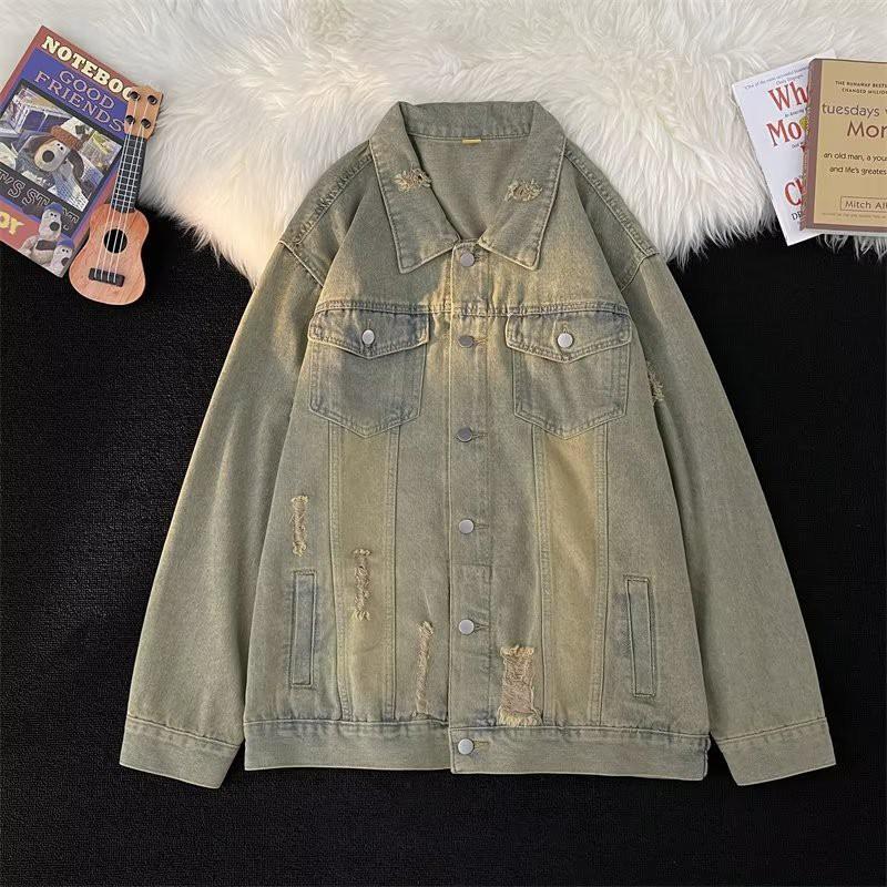 Mens Vintage Distressed Denim Jacket Loose Fit Fall Casual Outerwear