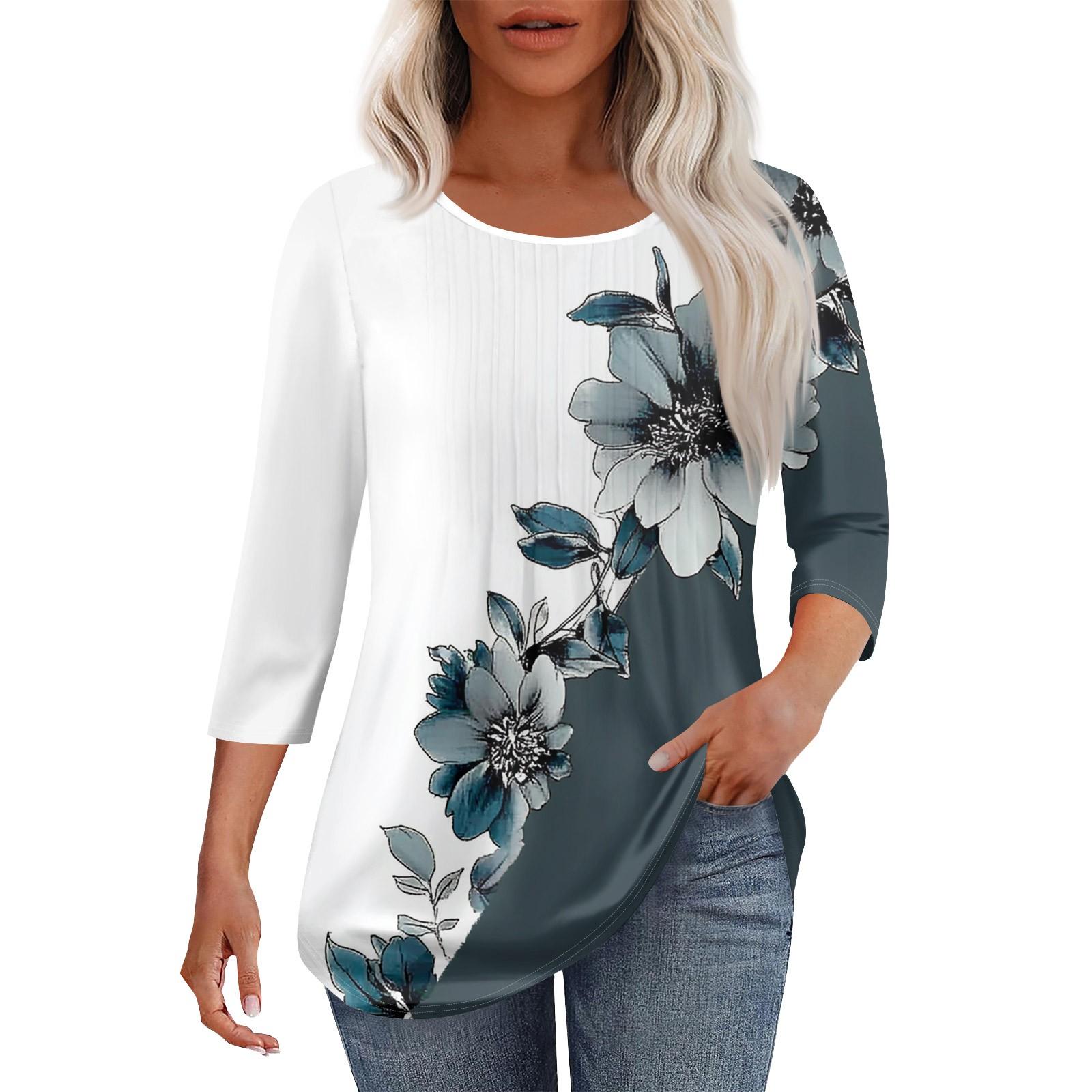 

Женская мода повседневная плиссированная футболка с круглым вырезом и принтом с рукавом три четверти XXXL