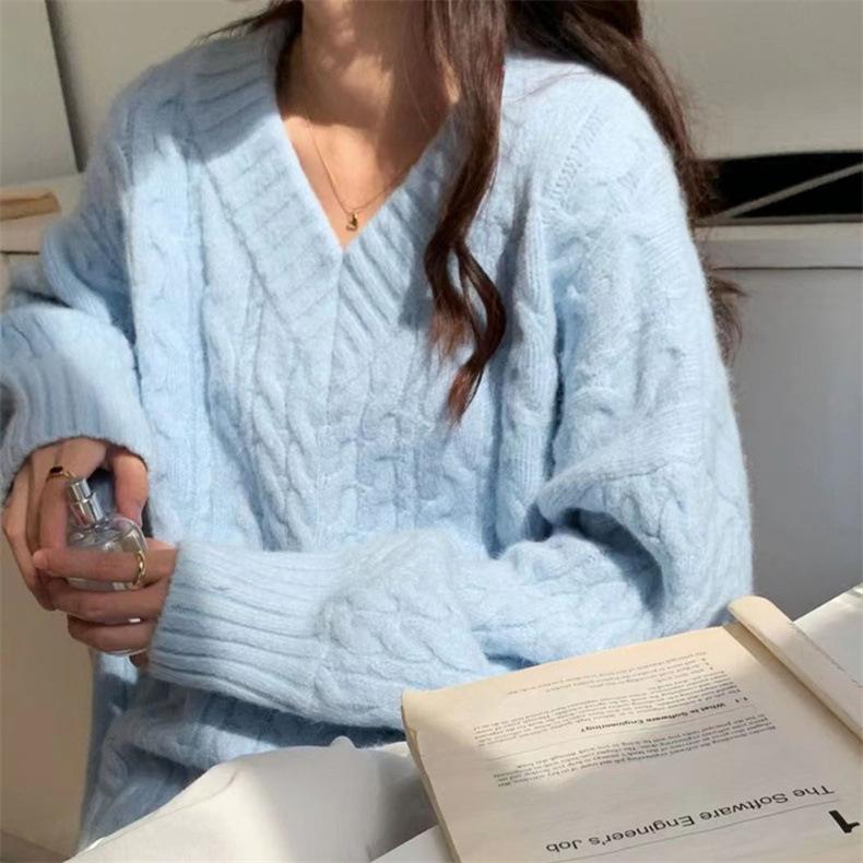 V Collar Lazy Wind Sweater Female Fall and Winter Set Head Loose Outerwear Blouse Thickened Twist Knit Sweater Comfortable Versatile Fashion