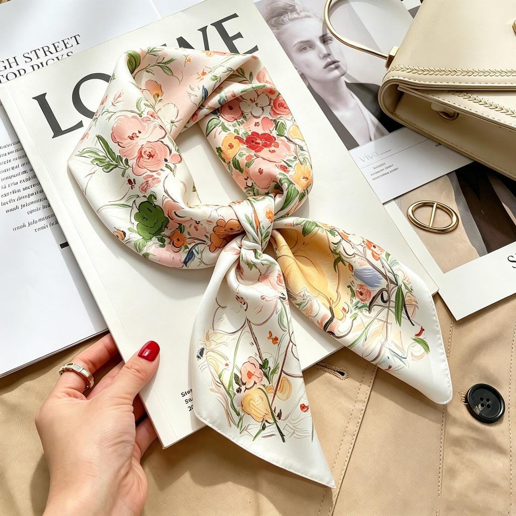 Autumn and winter Maillard cashew square scarf silk scarf women's shirt versatile neck small scarf tied hair decorative scarf