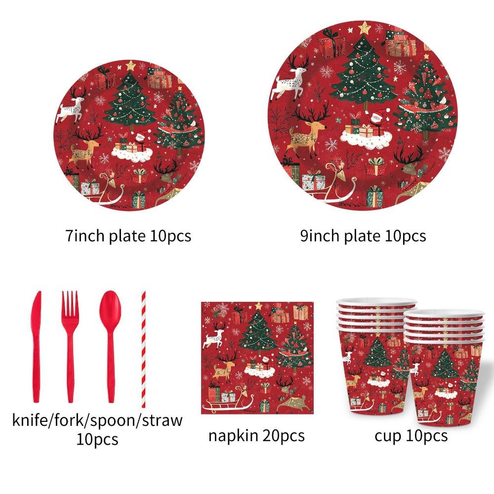 Reindeer Design Christmas Disposable Tableware Color Printed Party Dinnerware Set Venue Decoration