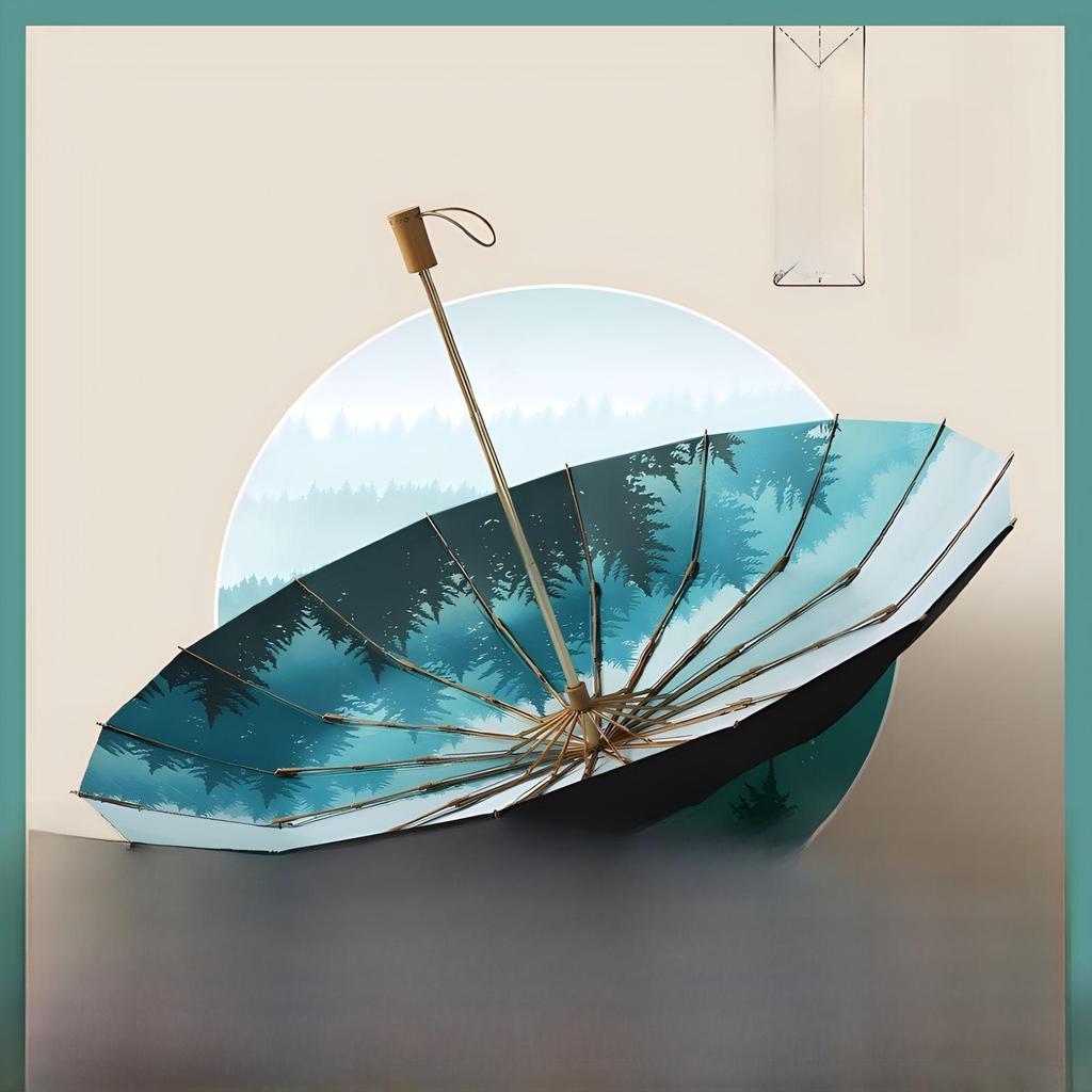 Paraply i antikk stil med 16 ribber, manuell åpning og håndtak i massivt tre, svart lim for UV-beskyttelse