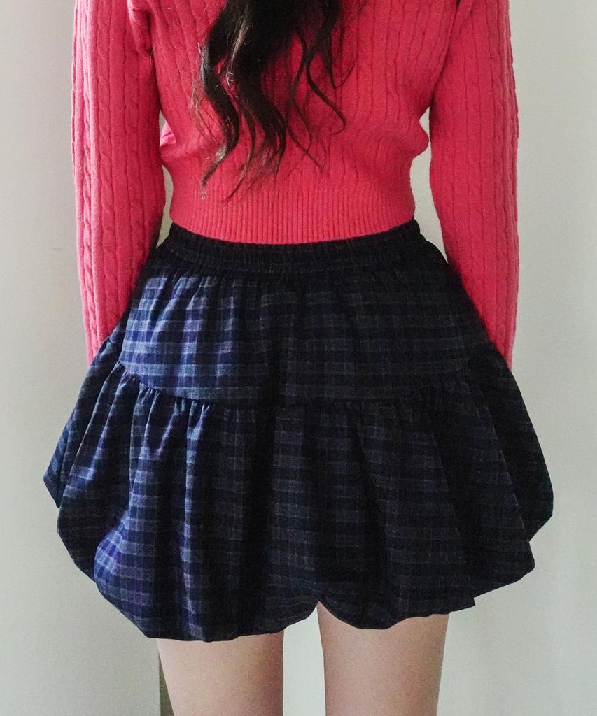Cool Kitten Ribbon Plaid Balloon Skirt