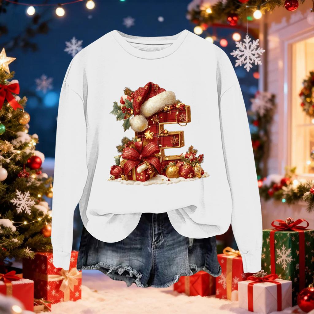Women's Fashionable Casual Long-Sleeved Christmas Letter Print Crew-Neck Sweatshirt