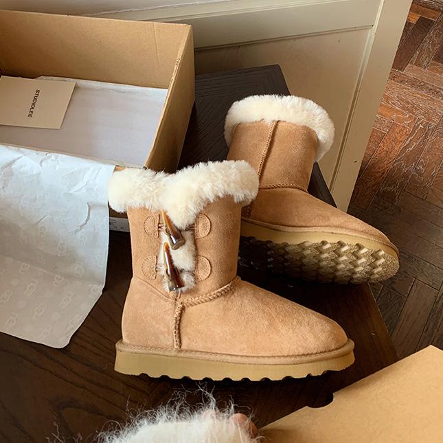 Snow boots women's 2025 new winter fur integrated horn buckle short boots children's cotton shoes non-slip warm thickened