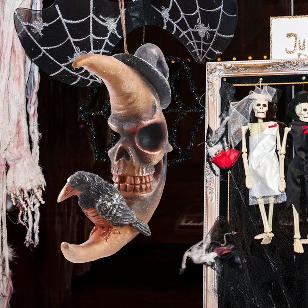 Decoração de Halloween em Resina Decoração de Lua de Halloween com Ornamento de Rosto de Caveira de Corvo para Decoração de Festa em Casa Interna Externa Festival Bruxa