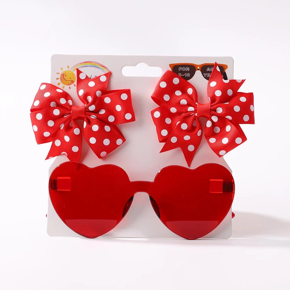 3Pcs/set Kids Cute Solid Dot Hairpin Colorful Heart Sun Glasses Set Girls Boutique Bowknot Hair Clips Children Hair Accessories