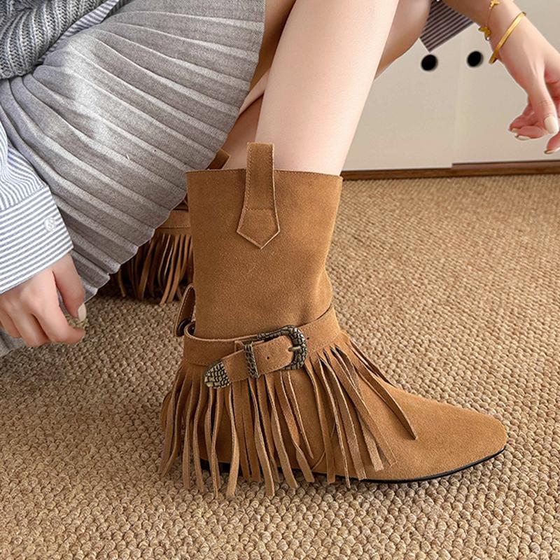 Fashion Vintage Tassels Decor Riding Boots Women 2025 Slip On Buckle Low Heels Mid Calf Boots Woman Pointed Toe Western Stray Botas