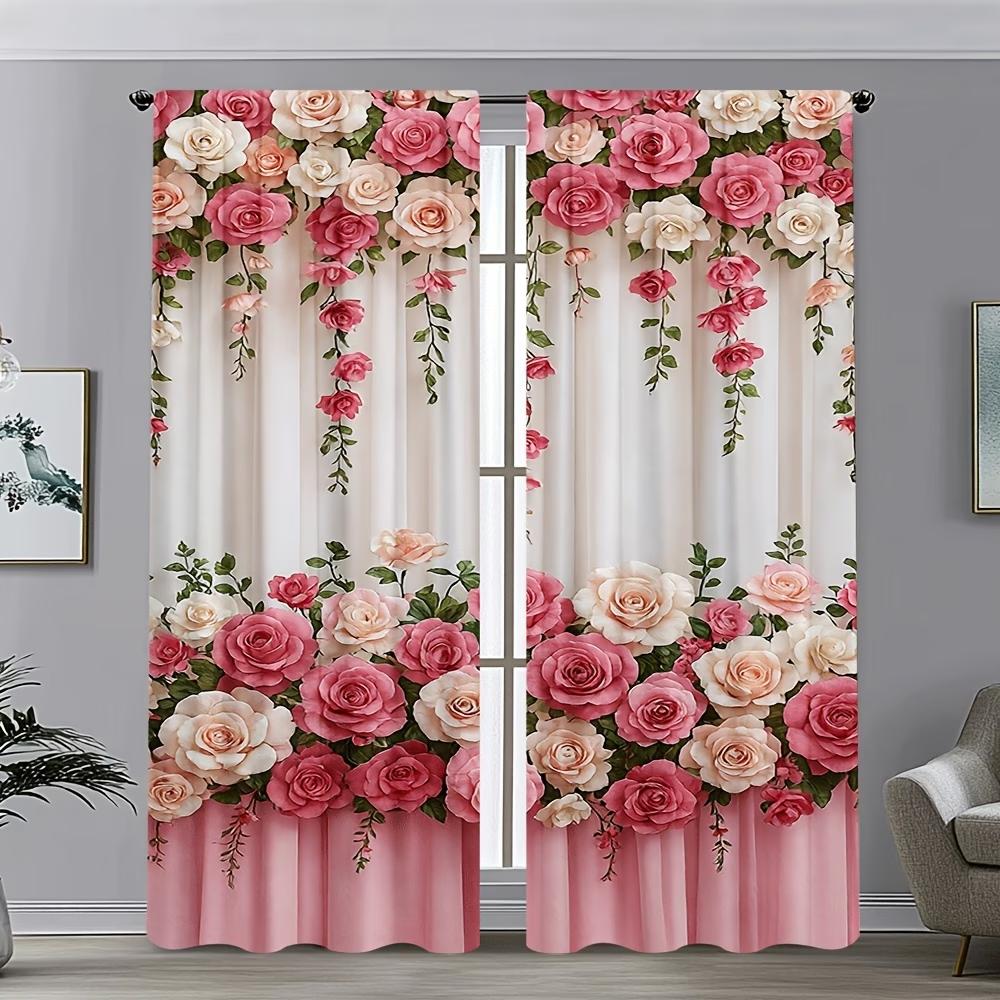 2PCS Digital Printed Curtains, Pink White Rose Romantic Floral Gradient, Window Curtains for Living Room Bedroom Home Decoration