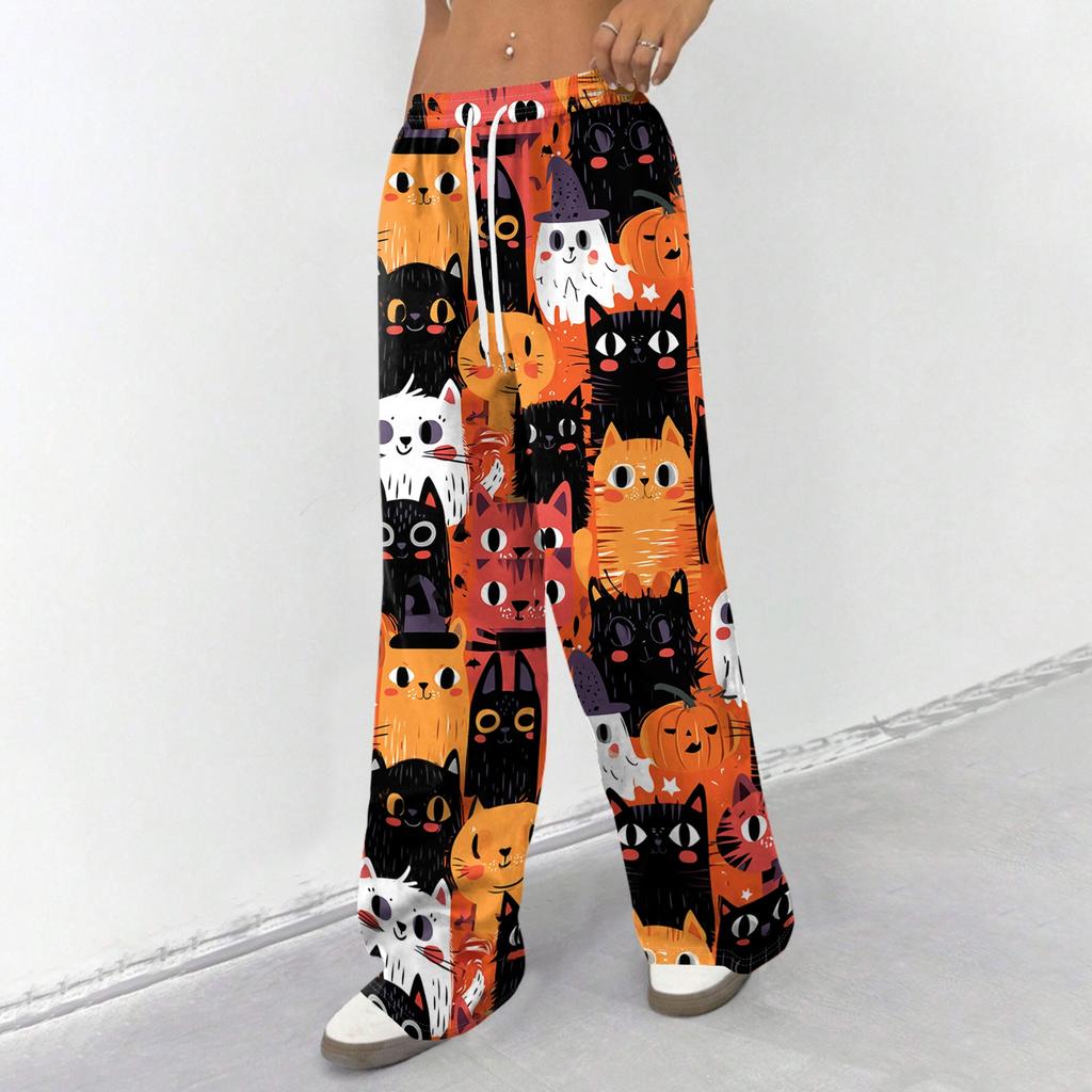 Women's Casual Halloween Print Loose Wide Leg Pants with Elastic Waist and Drawstring