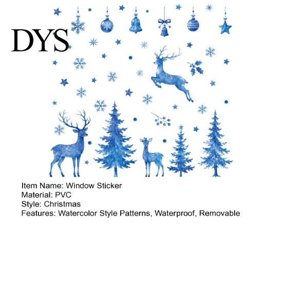 Blue Christmas Theme Party Supplies Watercolor Window Sticker, Non Adhesive Elk Snowflake Tree Removable PVC Holiday Decorations Wall Decal,