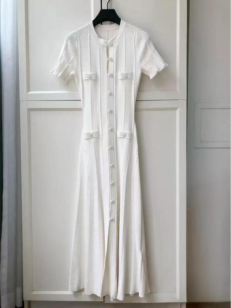 Modern Cross-Border Knitted Split Dress: Short-Sleeve, Hollow-Out, Single-Breasted, Waist-Cinching, Slimming Design