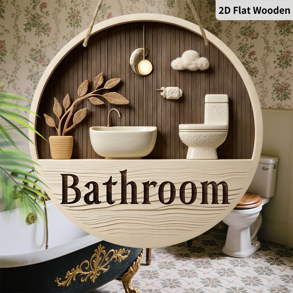 2D Flat Wooden Contemporary Bathroom Sign, 7.87inches Retro Decorative Hanging Ornament, Home Toilet Wall Art /tabletop Decor