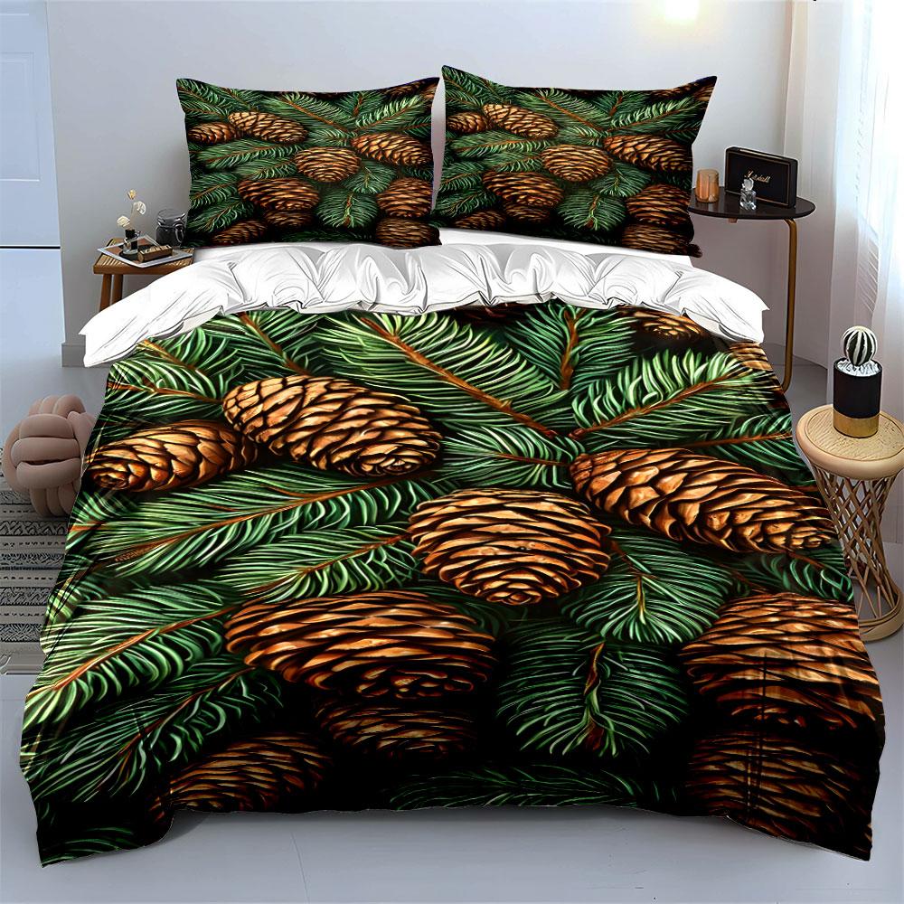 Pinecones and Evergreen Pattern Bedding Duvet Cover Set Duvet Cover Pillowcases (1*Duvet Cover 2*Pillowcases, Without Duvet Insert)