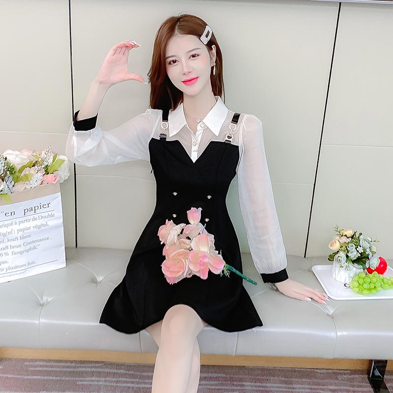 Spring new fake two-piece dress women's clothing spring small man waist thin bottom small black skirt